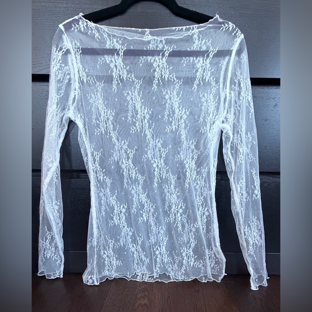 White Mesh Lace Transparent Long Sleeve Top Medium - Picture 2 of 13